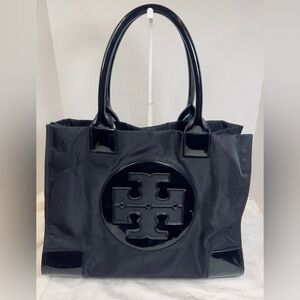 Tory Burch Ella Black Nylon Tote Bag with Patent Leather trim